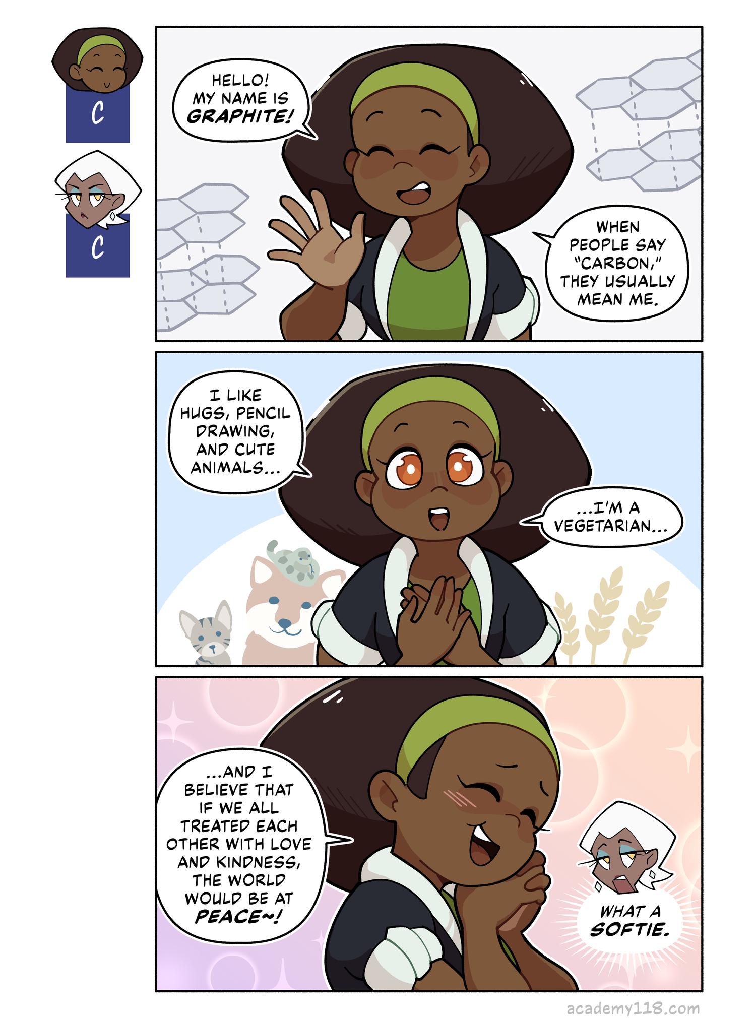 Graphite is one of the softest substances in the world, with a Mohs hardness of 1-2. Carbon Copies comic page 2