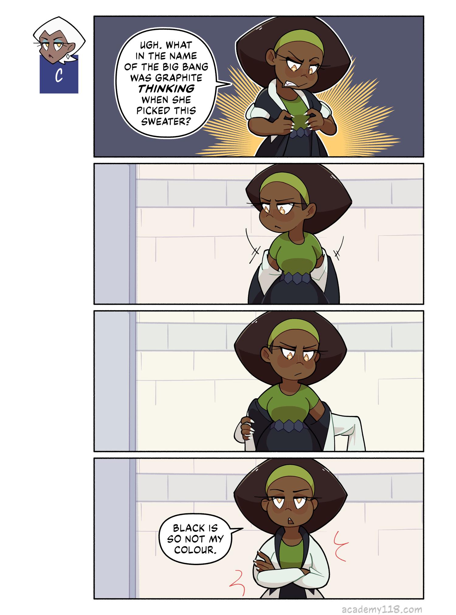 Despite them both being forms of the same element, graphite is black while diamond is transparent. Carbon Copies comic page 3