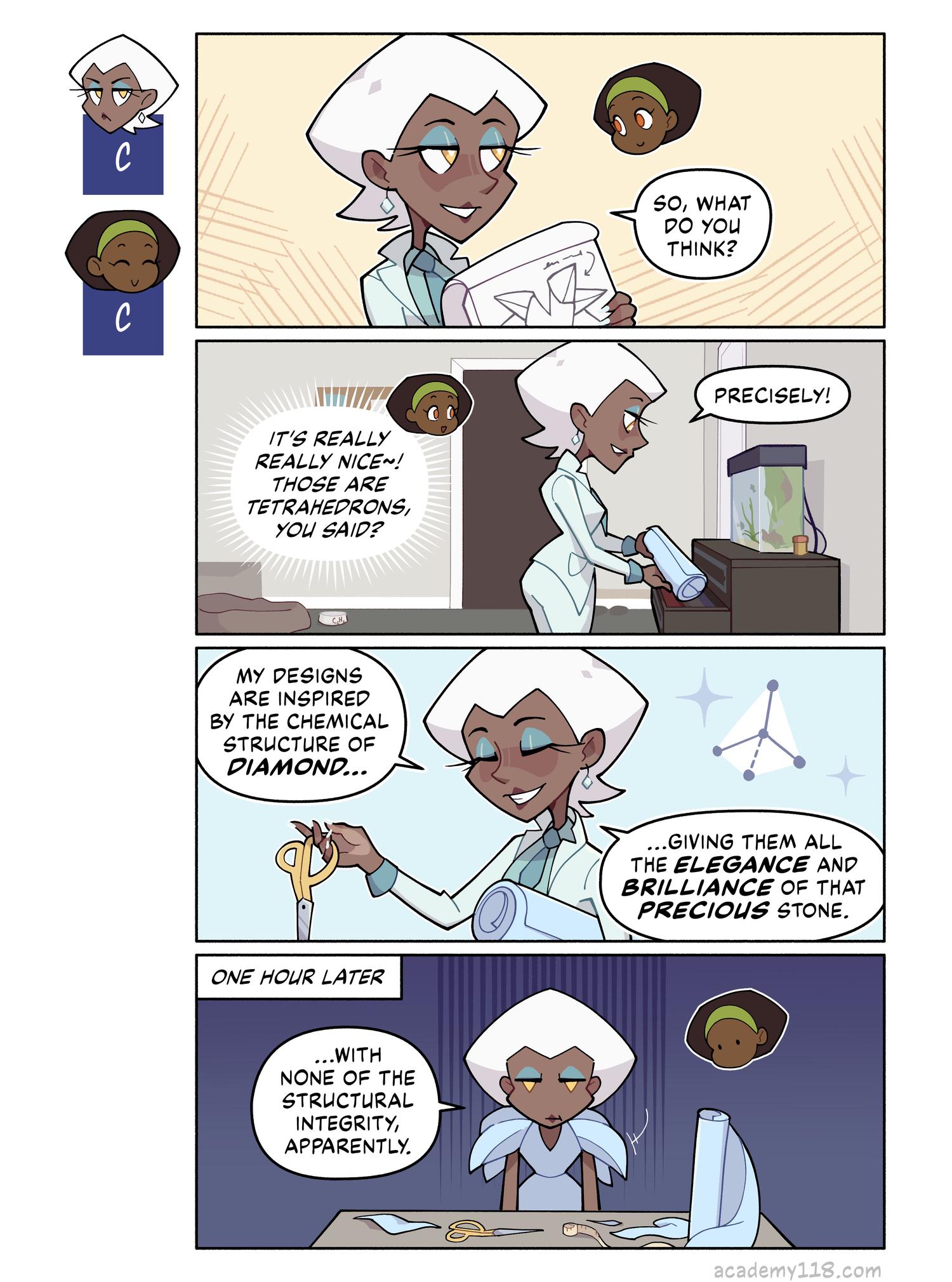 Chemical structure of diamond: a tetrahedral lattice. Carbon Copies comic page 8