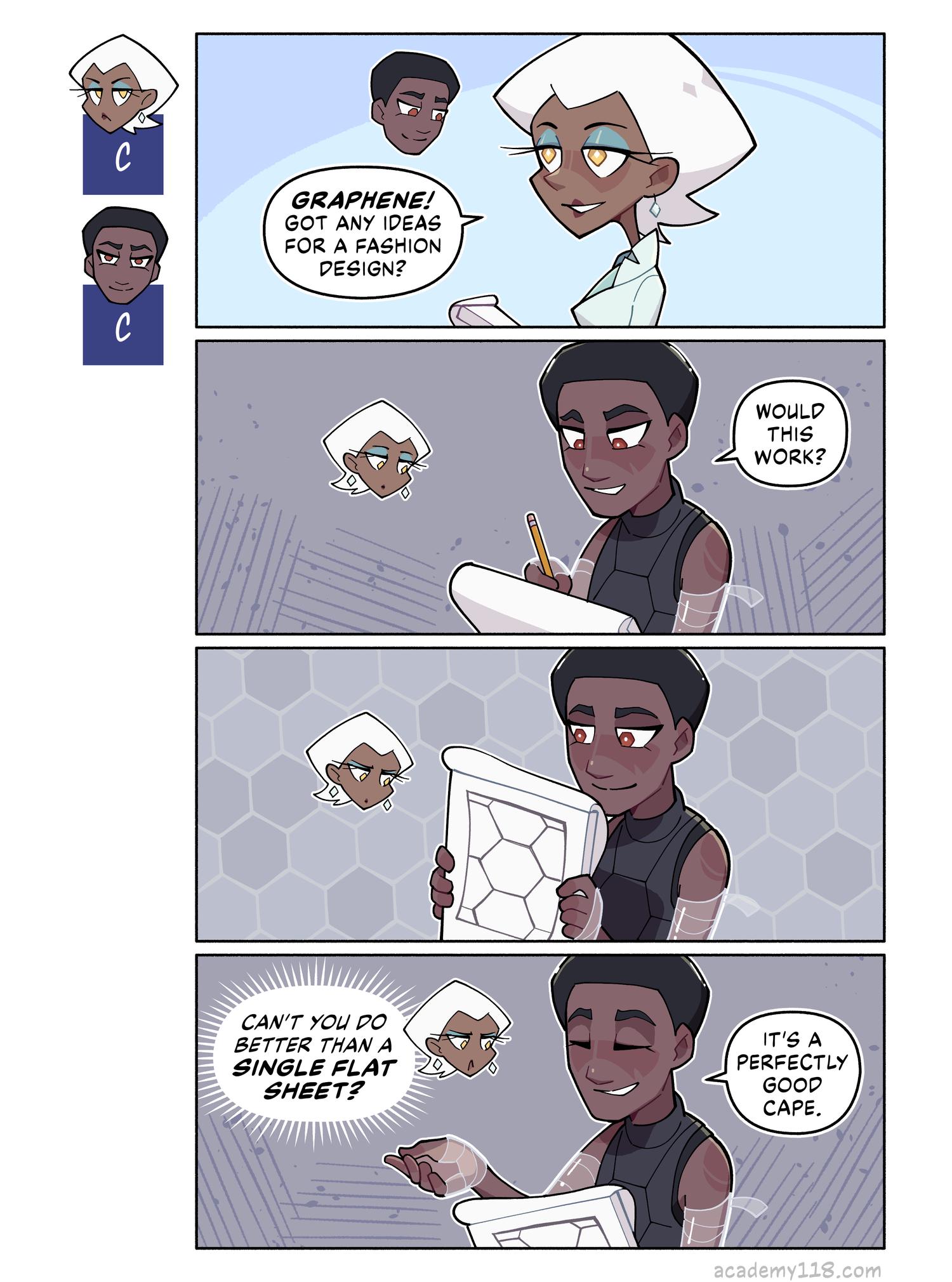 Chemical structure of graphene: a single flat sheet of atoms arranged in a honeycomb pattern. Carbon Copies comic page 13