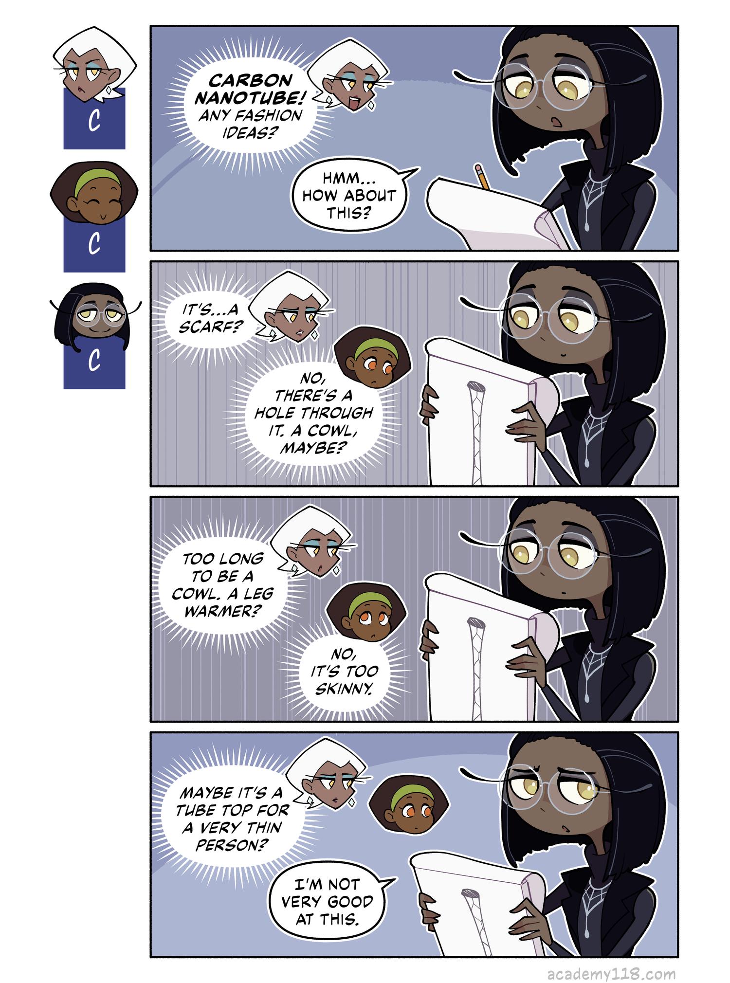Chemical structure of carbon nanotubes: a single sheet of atoms rolled into a tube. Carbon Copies comic page 15