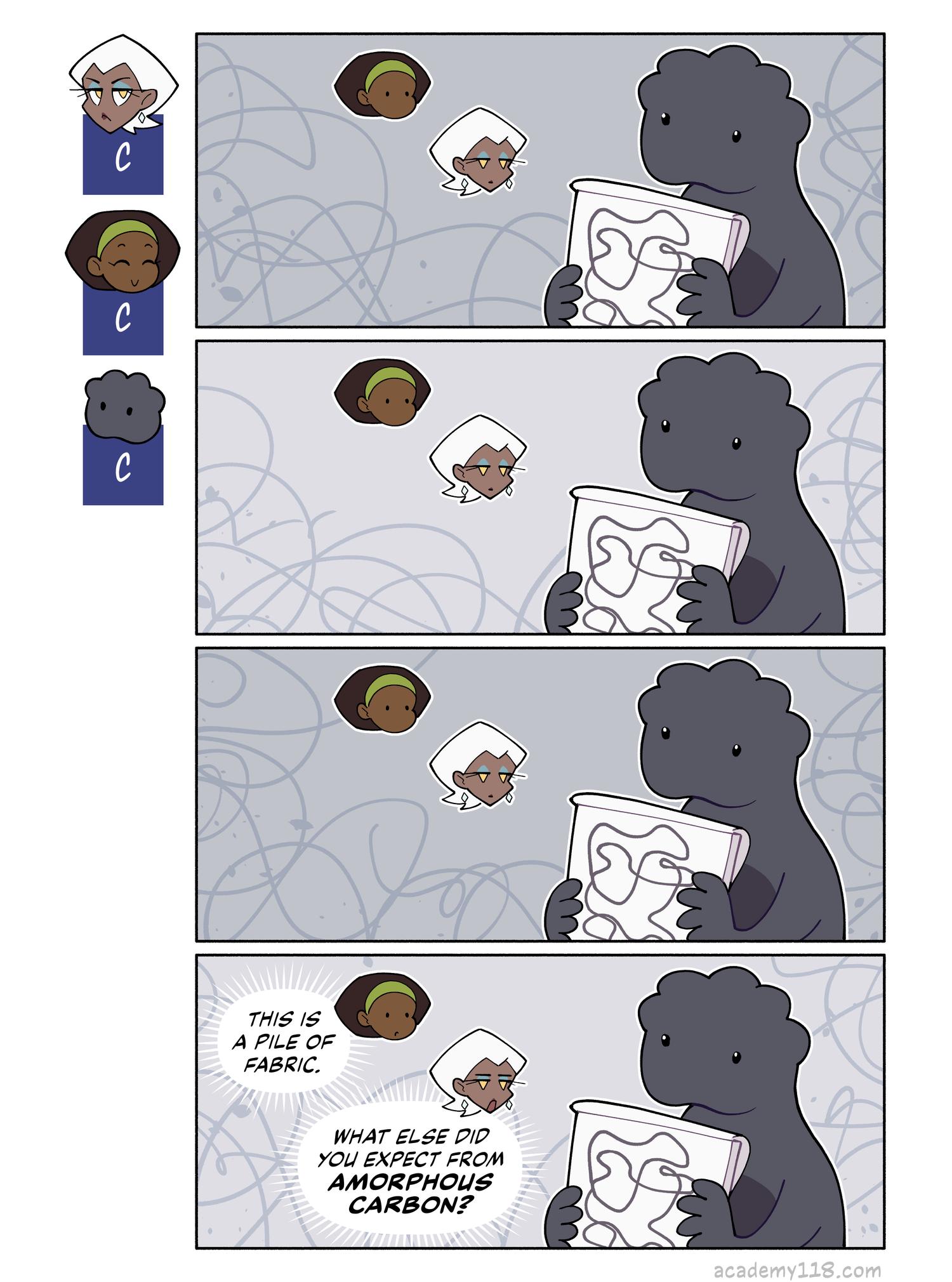 Chemical structure of amorphous carbon: unstructured. Carbon Copies comic page 16