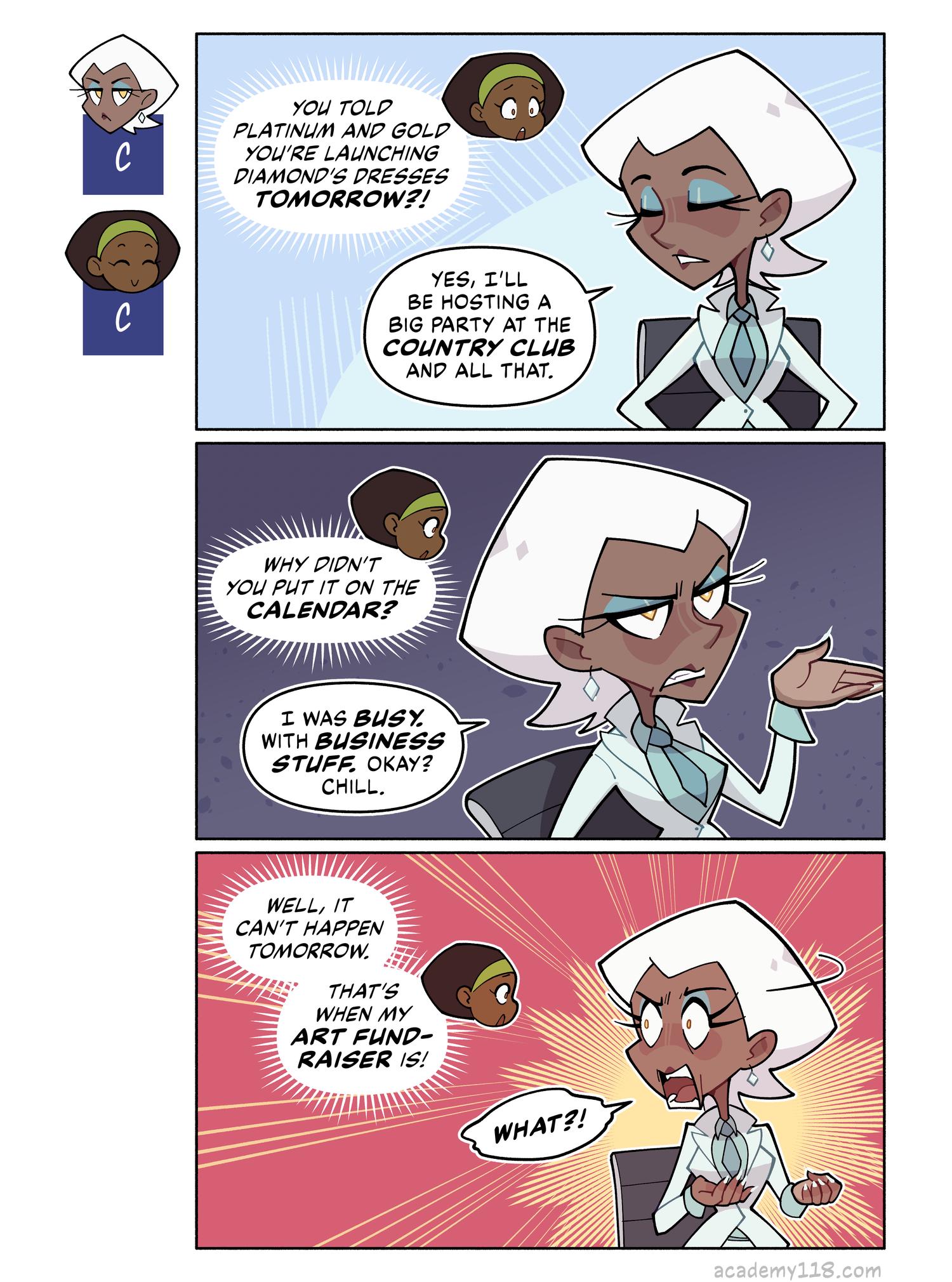 “business stuff” = “three-hour argument with Zirconium about what counts as a REAL gemstone” Carbon Copies comic page 18