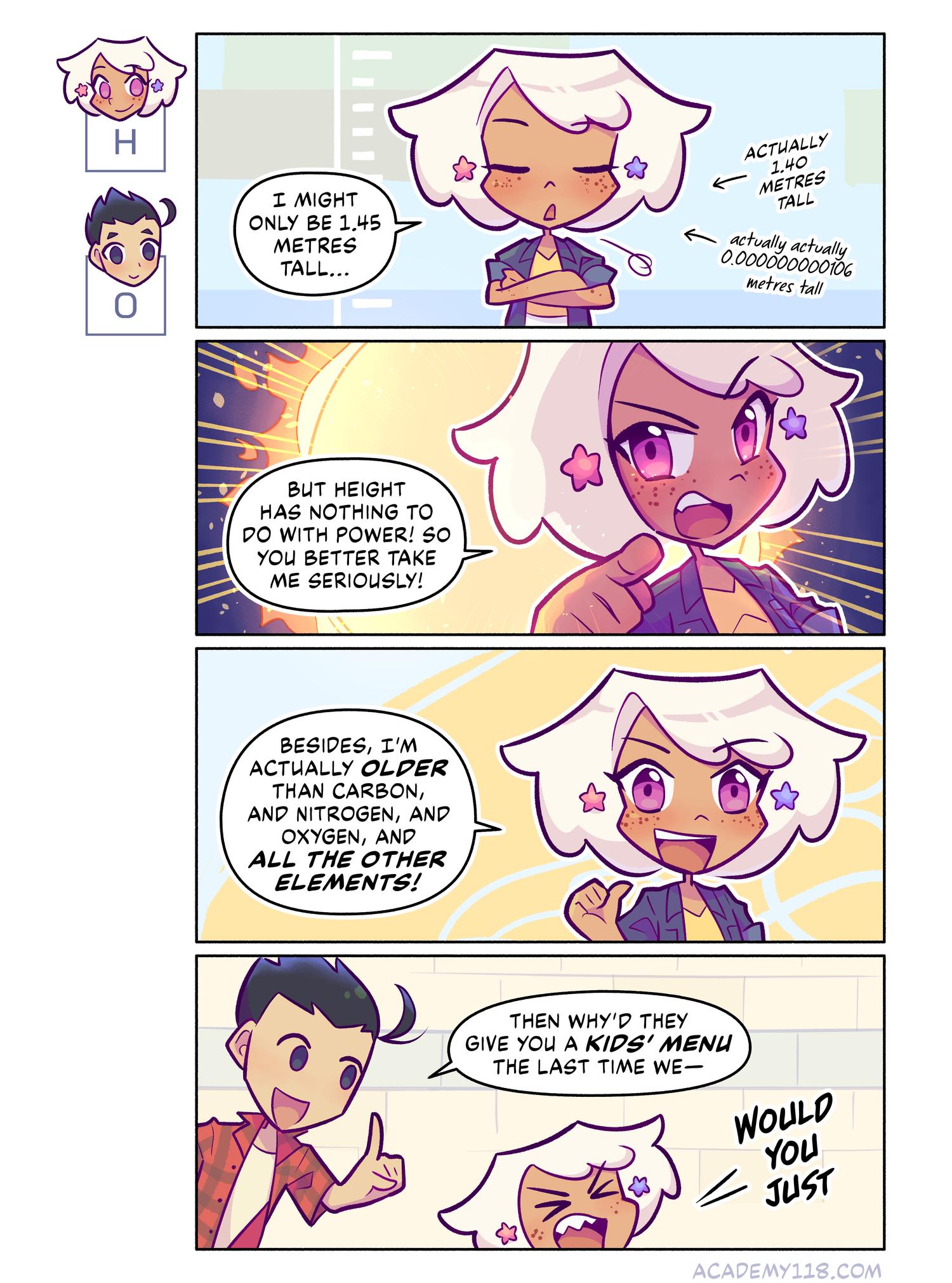 Hydrogen was the first element created in the Big Bang. Hydrogen for President comic page 3