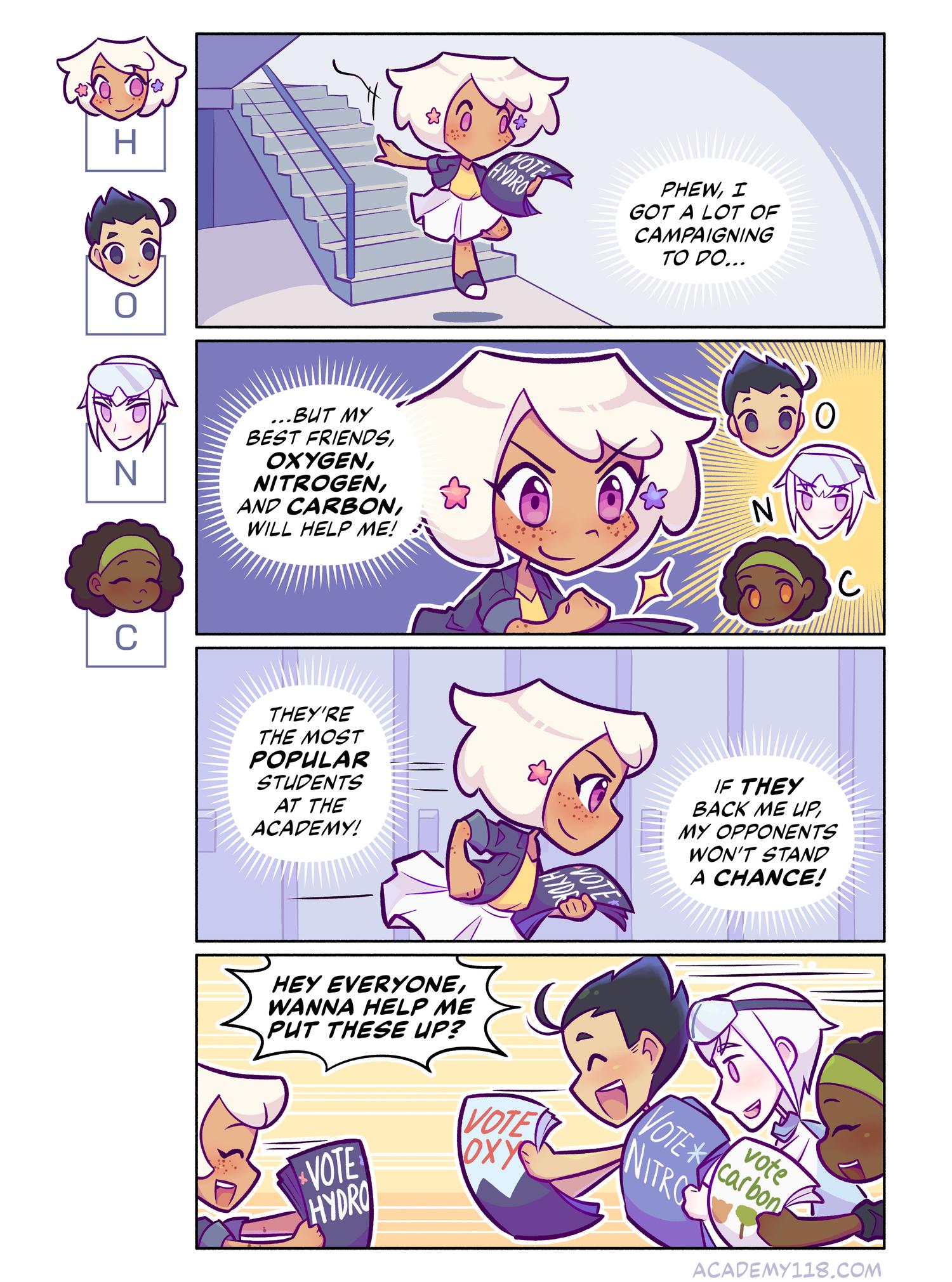 hydrogen takes the stairs down ∞ at a time Hydrogen for President comic page 4