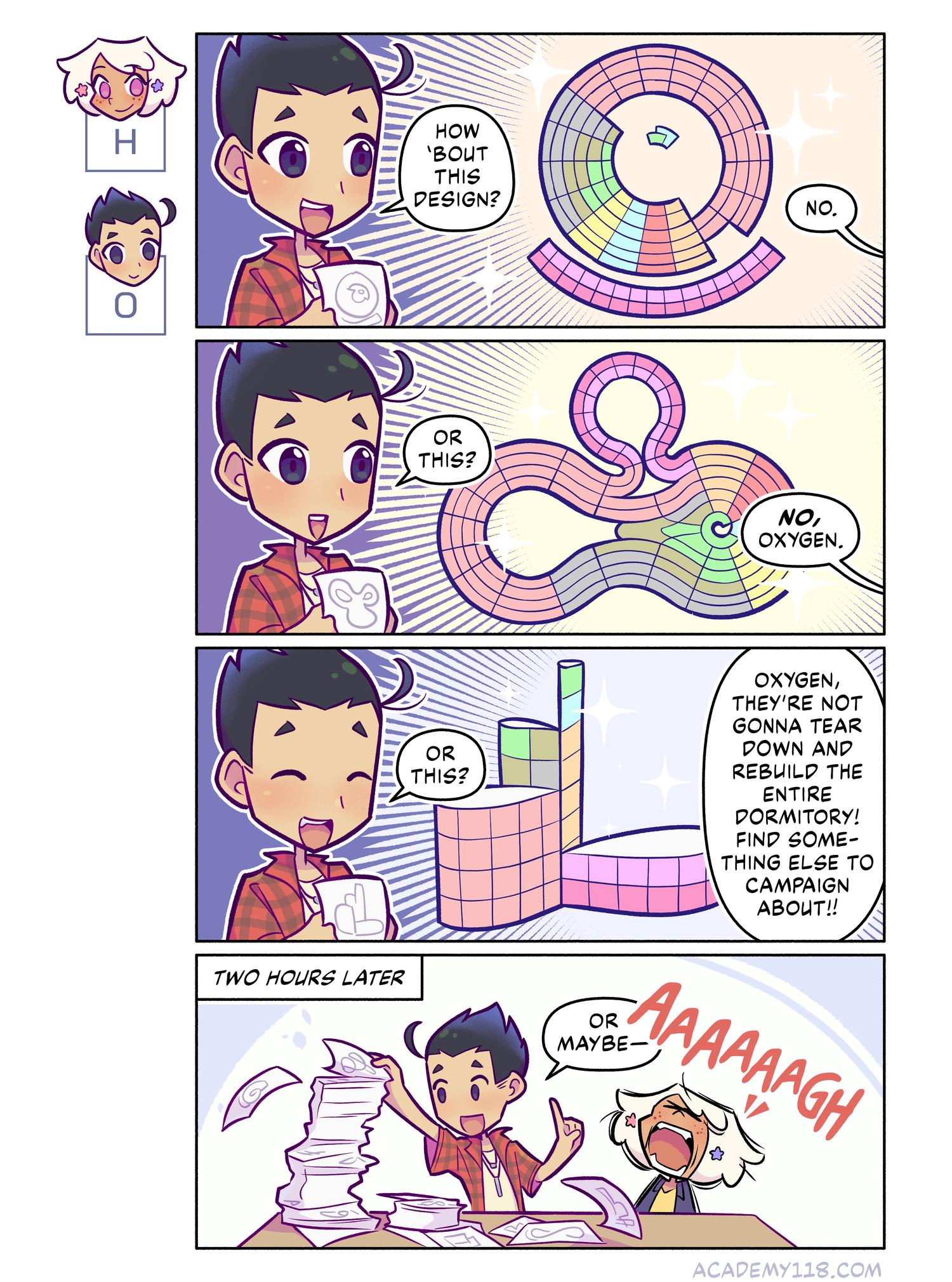 Besides the standard rectangular shape, there are plenty of other valid periodic table representations. Pictured on this page and the last: Benfey’s Spiral, ADOMAH Table, Circular Table, Hyde’s Curled Ribbon, Mendeleev’s Flower. Hydrogen for President comic page 16