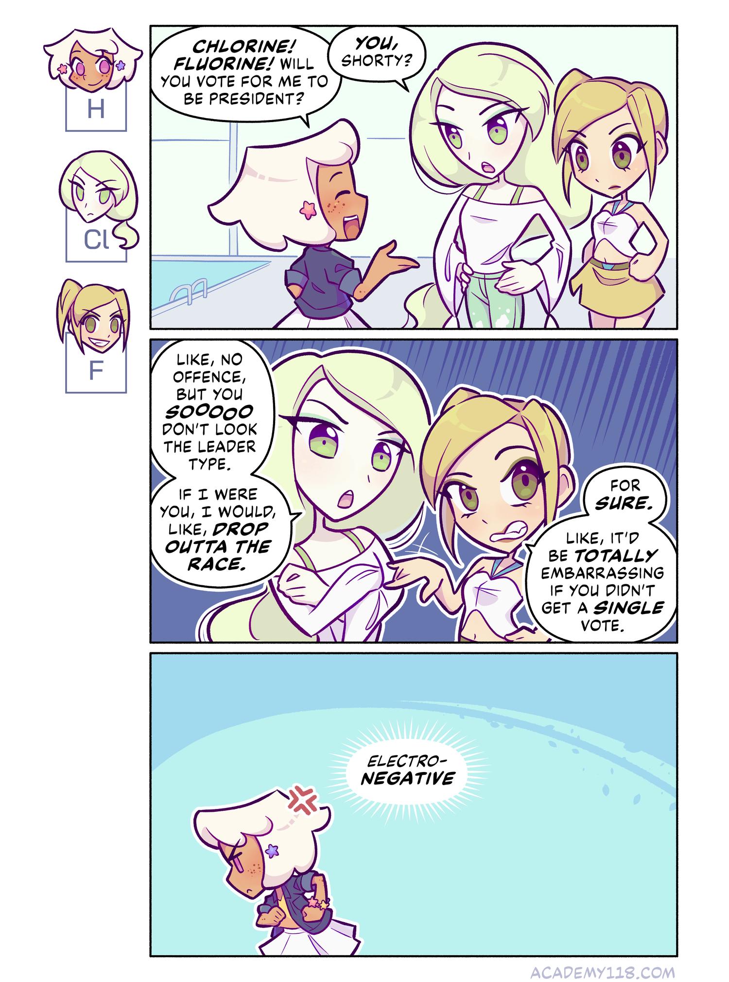 the halogens are the mean girls of the periodic table Hydrogen for President comic page 20