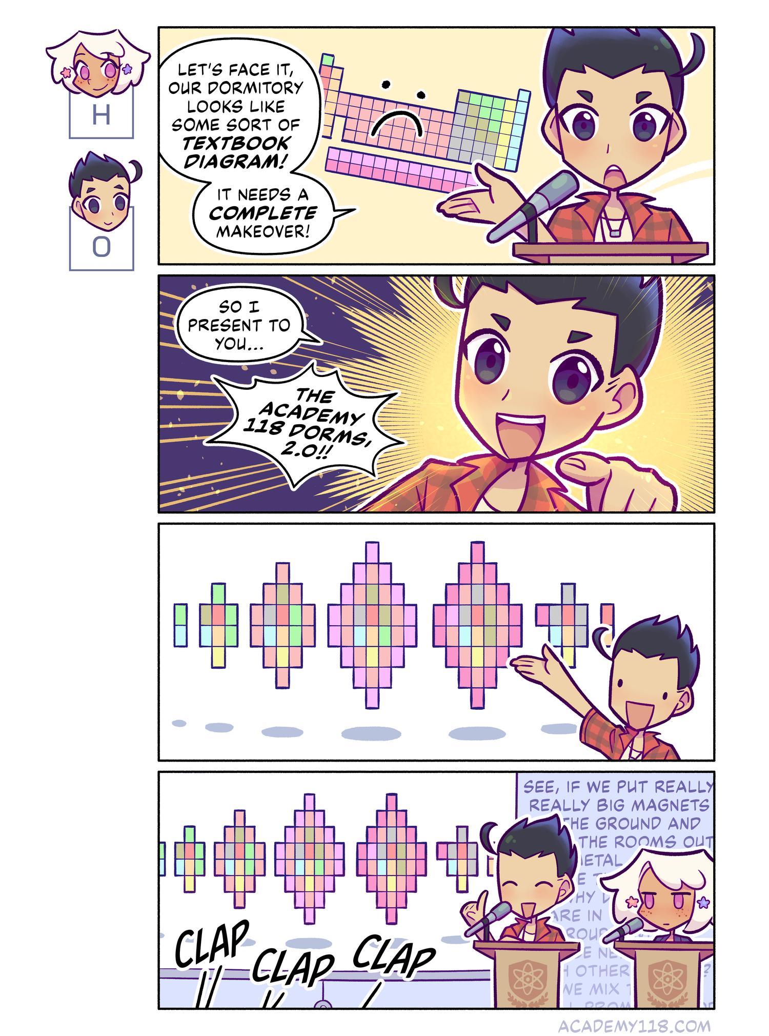 The diagram with the floaty diamonds is Stowe’s alternate periodic table. Hydrogen for President comic page 27