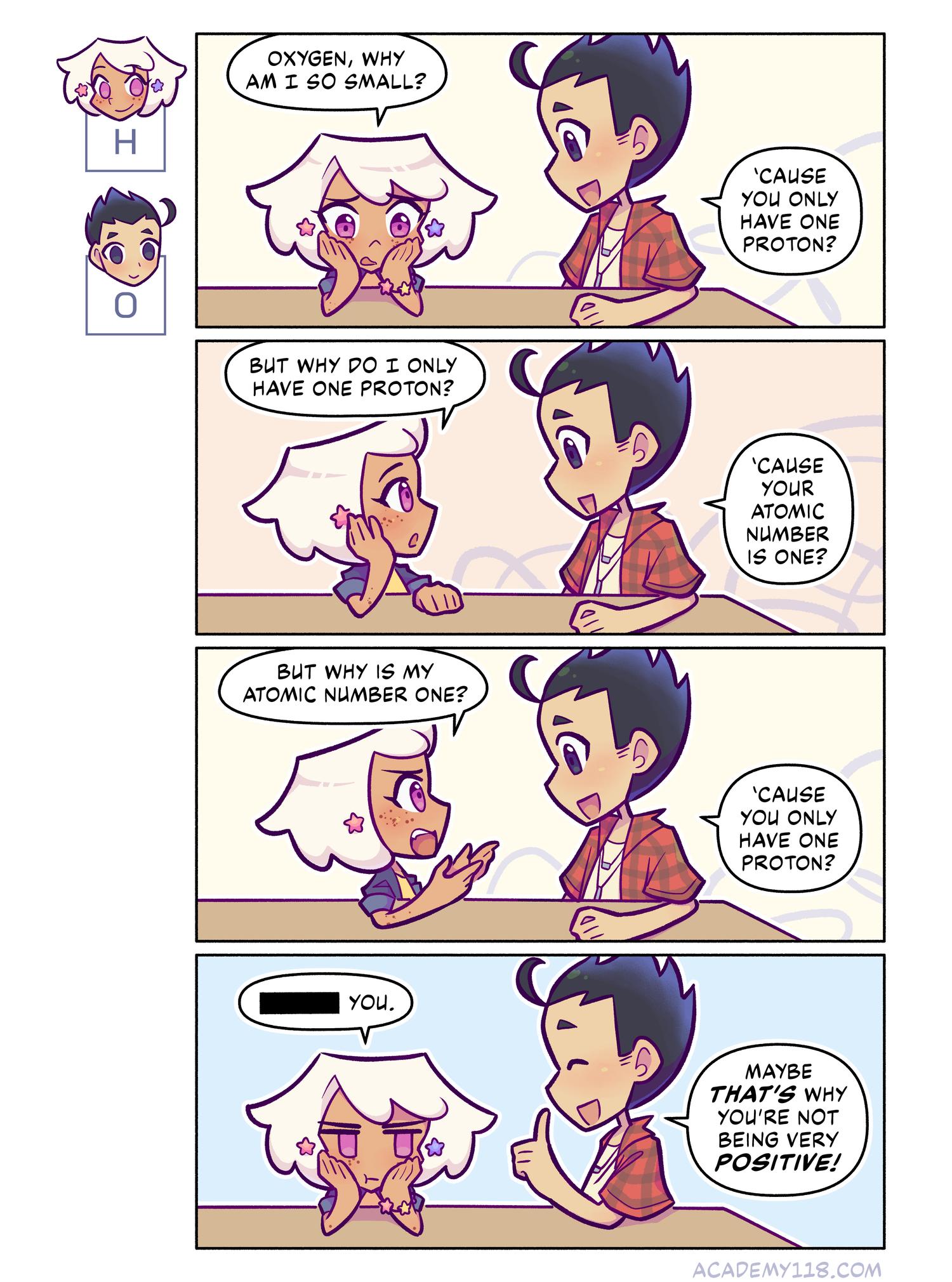 when they were handing out protons, she thought they said pylons, so she avoided them Hydrogen for President comic page 31