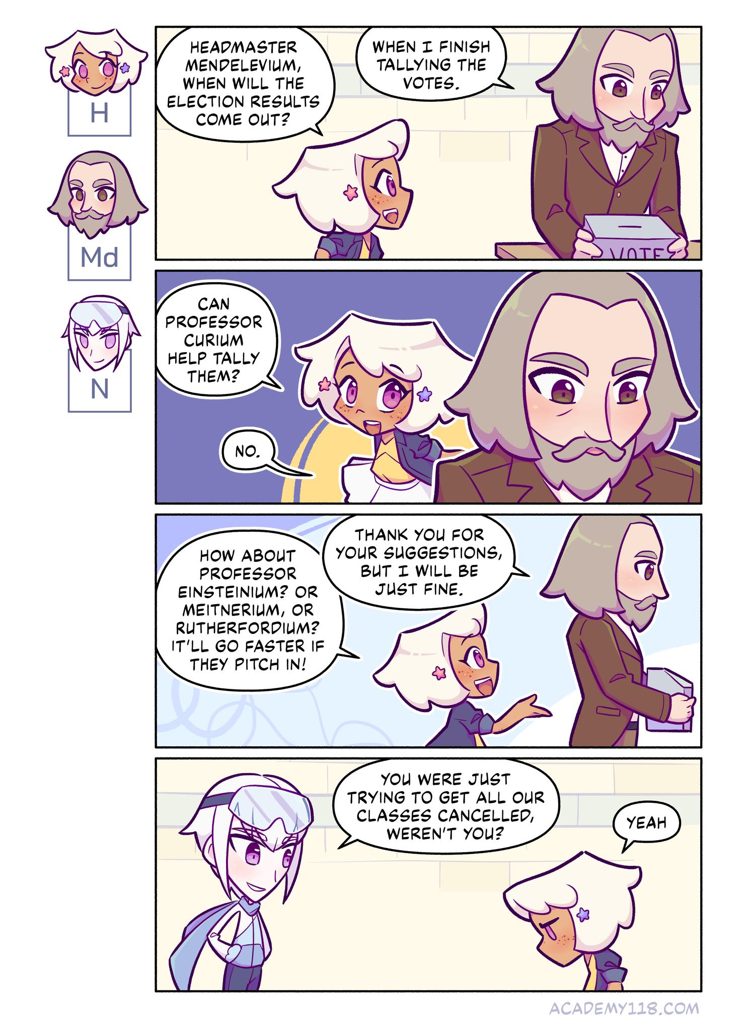 Hydrogen, he only needs to tally 100 votes Hydrogen for President comic page 38