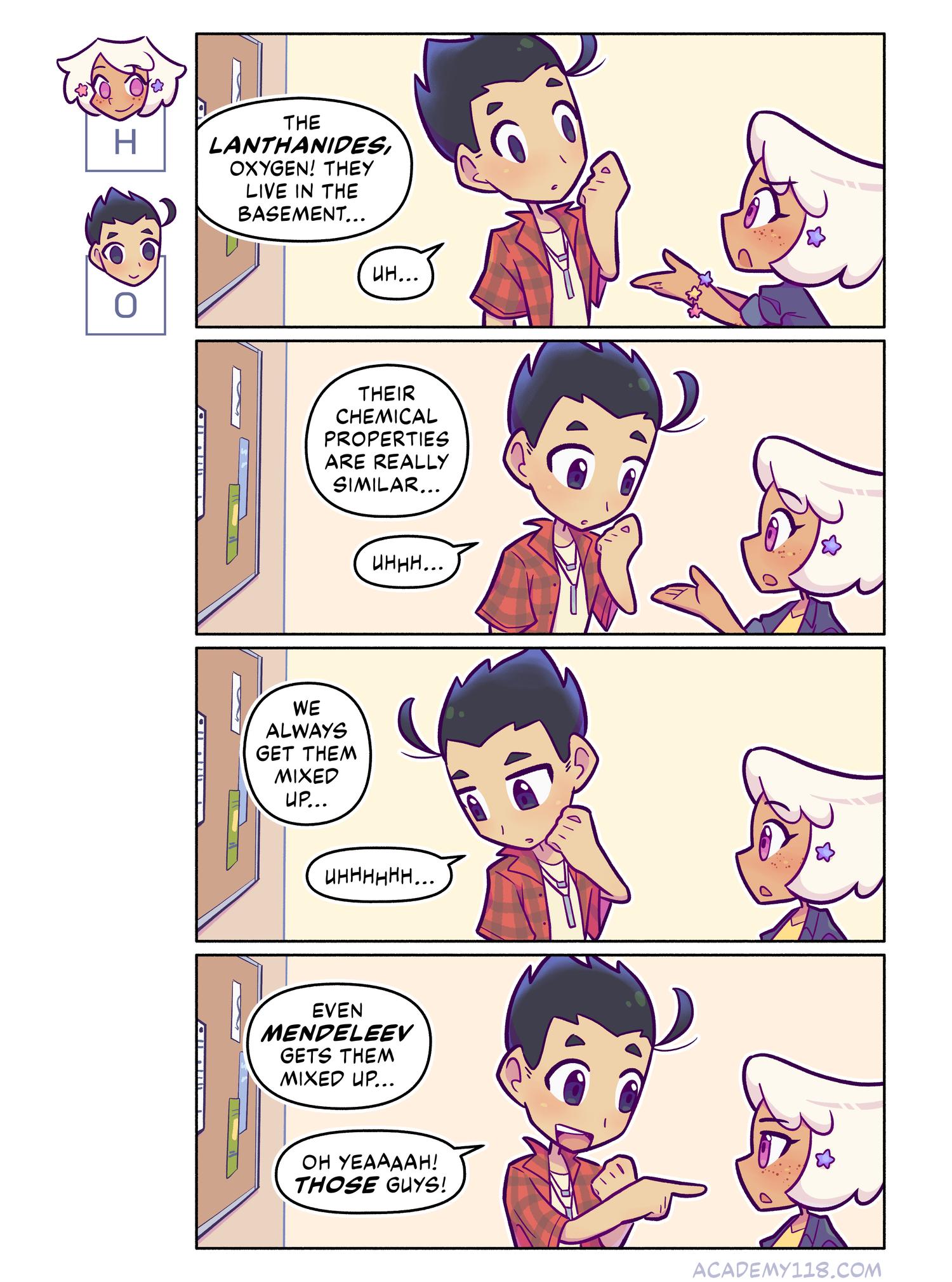 True story: when I first designed the lanthanides, I accidentally skipped Thulium and it took three weeks for me to notice. Hydrogen for President comic page 46