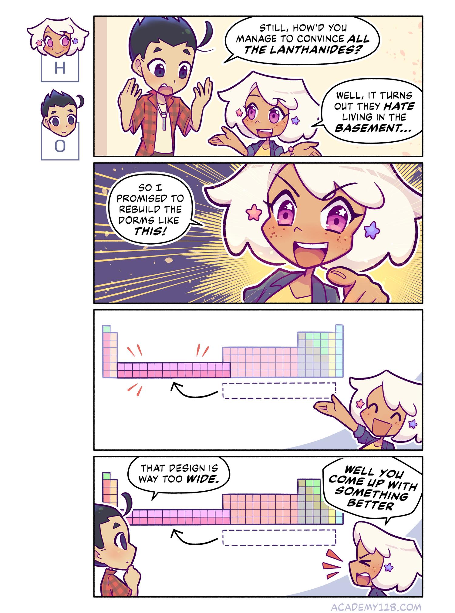 The “wide” arrangement, with the f-block moved up to form 32 columns in total, is another way you can draw the periodic table. Hydrogen for President comic page 48
