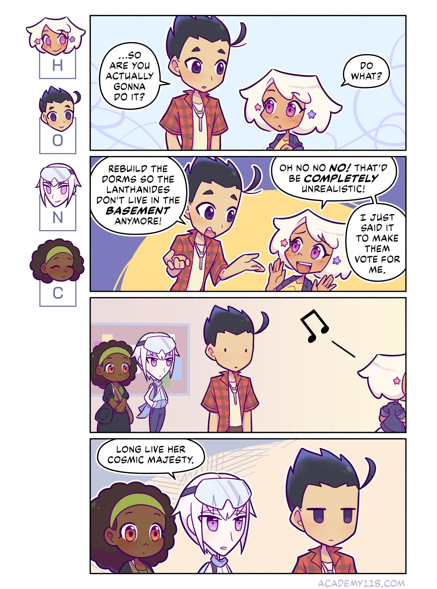 and so, hydrogen begins her presidential term like any other politician Hydrogen for President comic page 49